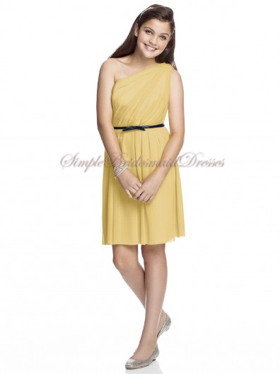 Maize Zipper One-Shoulder Sleeveless Natural Column/Sheath Short-length Sash Chiffon Daffodil Bridesmaid Dress