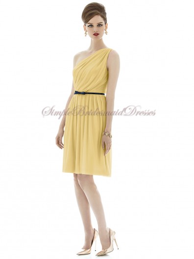 One-Shoulder Sleeveless Daffodil Maize Chiffon A-line Short-length Natural Draped/Sash Zipper Bridesmaid Dress