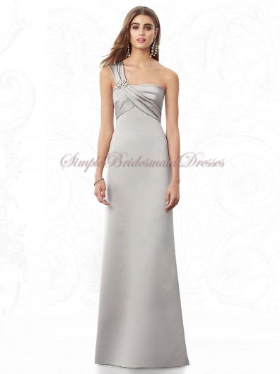 Flowers One-Shoulder Sleeveless Satin Empire Silver Column/Sheath Floor-length Zipper oyster Bridesmaid Dress