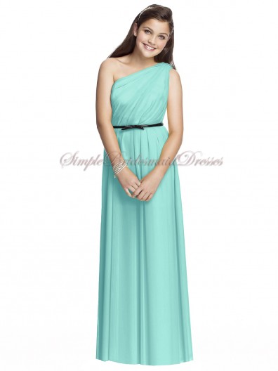 Coastal A-line Floor-length Sleeveless Draped/Sash Zipper Blue Natural Chiffon One-Shoulder Bridesmaid Dress