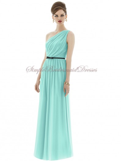 Floor-length Blue Chiffon Coastal One-Shoulder Draped/Sash Natural Zipper Sleeveless Column/Sheath Bridesmaid Dress