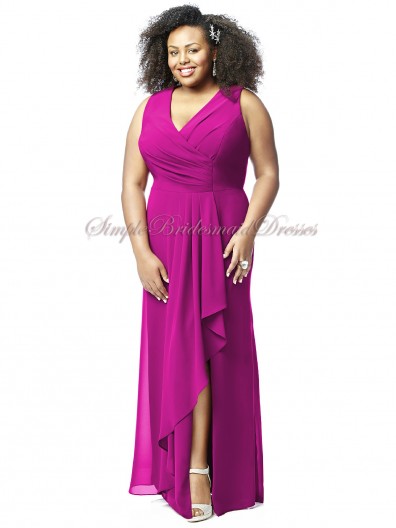 Empire Sleeveless Fuchsia Floor-length Straps/V-neck A-line Split american-beauty Zipper Chiffon Bridesmaid Dress