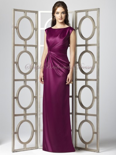 Zipper Satin Burgundy Dropped Bateau Floor-length Sleeveless Draped Column/Sheath merlot Bridesmaid Dress