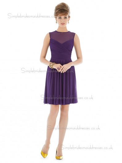 Majestic / Purple Natural A-line Sleeveless Scoop Mini Chiffon Draped Bridesmaid Dress