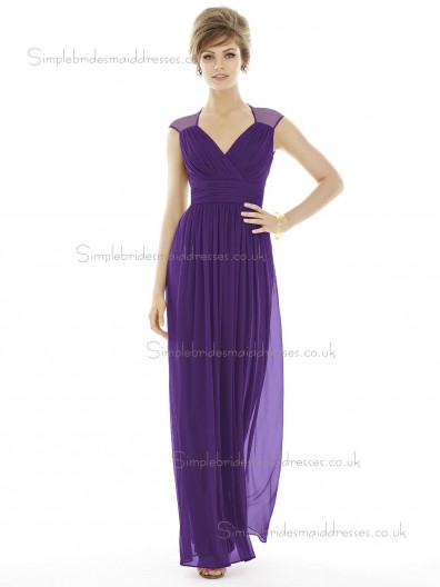 Majestic / Purple Floor-length V-neck Sleeve Column / Sheath Empire Draped Cap Chiffon Bridesmaid Dress