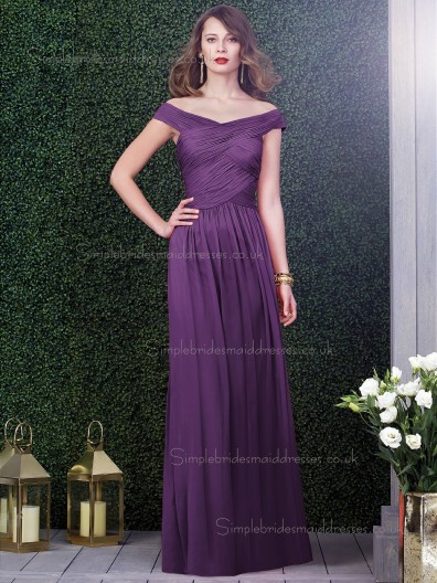 African Violet / Purple Natural Off-the-shoulder Draped Floor-length Sleeveless A-line Chiffon Bridesmaid Dress