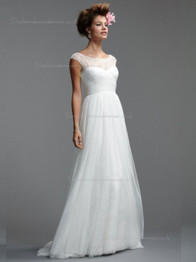 White A-line Sweep Tulle Bateau Natural Bridesmaid Dress