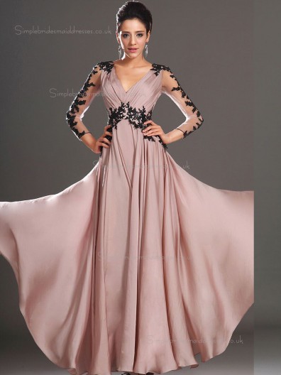 Blush V-neck Floor-length A-line Empire Chiffon Bridesmaid Dress