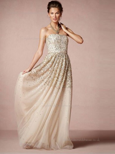 Champagne A-line Tulle Bateau Floor-length Natural Bridesmaid Dress