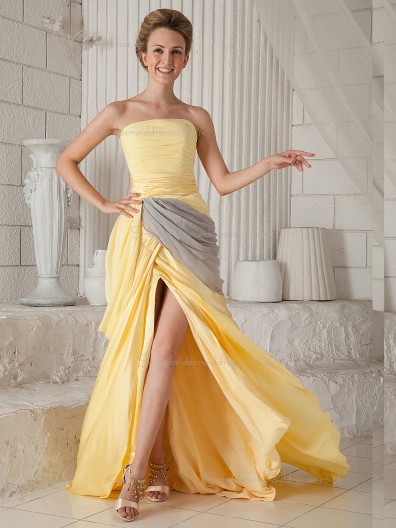 Gold A-line Chiffon Sweep Natural Strapless Bridesmaid Dress