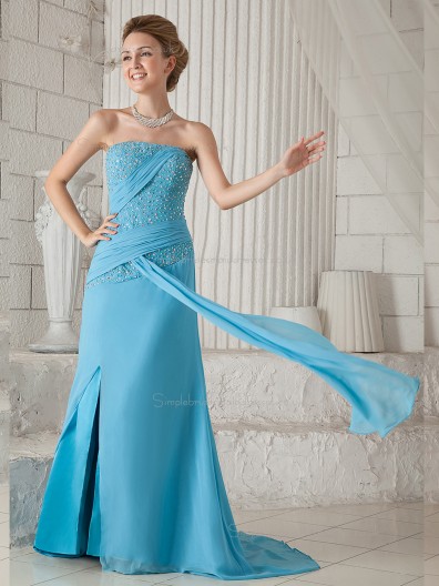 Blue Natural A-line Strapless Chiffon Sweep Bridesmaid Dress