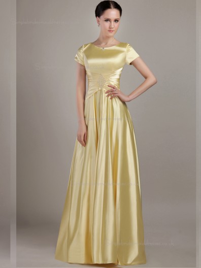 Gold Satin A-line Empire Floor-length Bateau Bridesmaid Dress