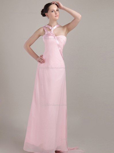 pink Chiffon Natural Floor-length One Shoulder Column / Sheath Bridesmaid Dress