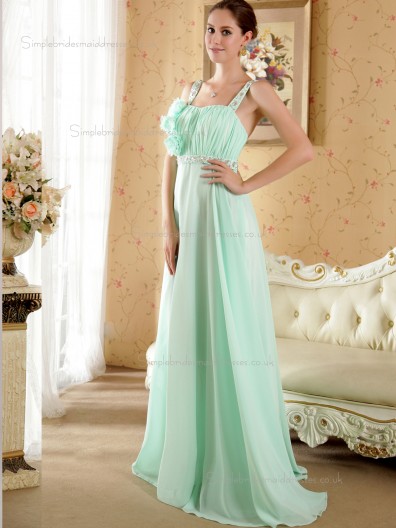 Green Sweep Spaghetti Straps Chiffon Empire A-line Bridesmaid Dress