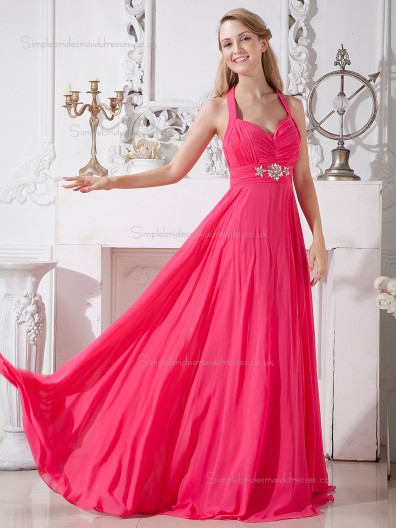 Watermelon Chiffon Sweep Empire A-line V-neck Bridesmaid Dress