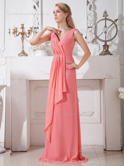 Watermelon Column / Sheath V-neck Natural Chiffon Floor-length Bridesmaid Dress