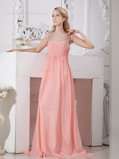 Pink Chiffon A-line Sweep Empire Spaghetti Straps Bridesmaid Dress