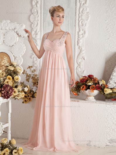 Pink Floor-length Straps A-line Chiffon Empire Bridesmaid Dress