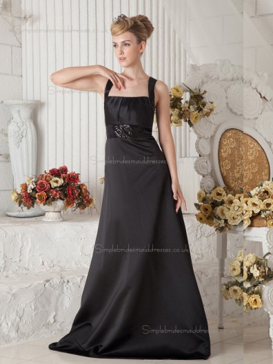 Black Empire Square Satin Sweep A-line Bridesmaid Dress