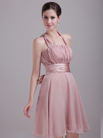 Pink A-line Chiffon Short-length Empire Halter Bridesmaid Dress