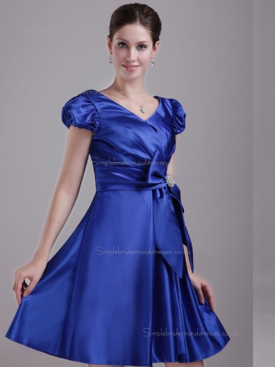 Royal Blue Empire Short-length Satin A-line V-neck Bridesmaid Dress