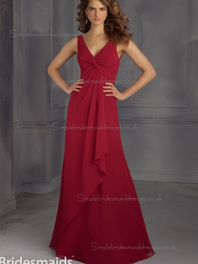 Elegant Red Chiffon Floor-length Ruched Bridesmaid Dress