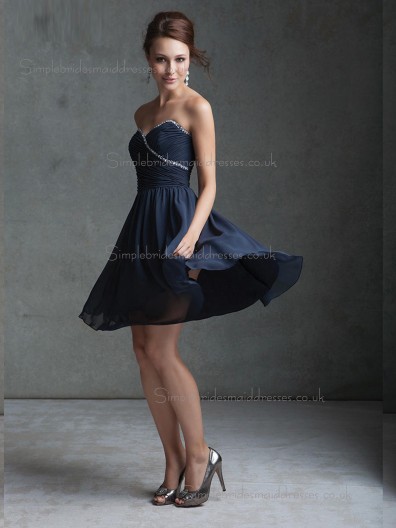 Online Dark Navy Chiffon Short-length Belt Bridesmaid Dress