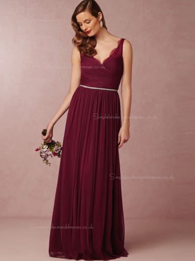 Cheap Burgundy Beading A-line Chiffon V-neck Bridesmaid Dresses