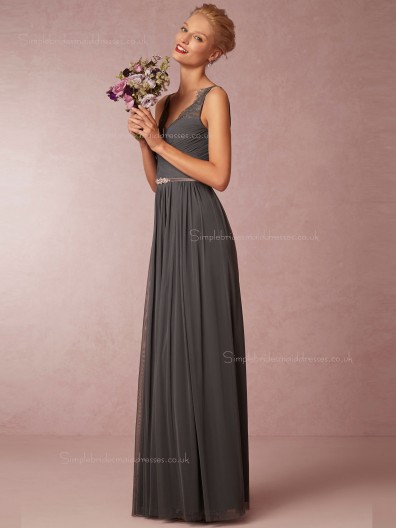 Stunning Lace Chiffon V-neck Gray Bridesmaid Dresses
