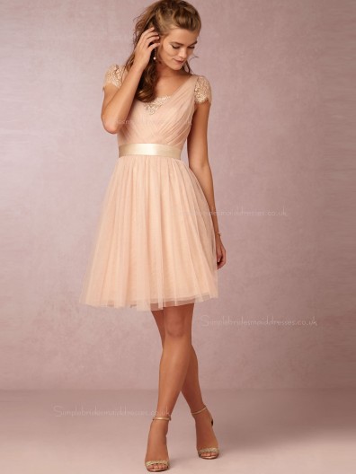 Flamboyant A-line V-neck Pearl Pink Cap Sleeve Bridesmaid Dresses