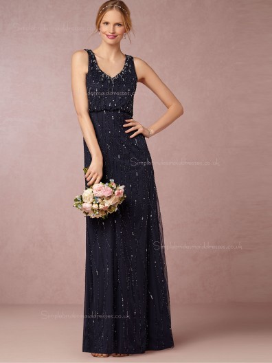 Wonderful Column / Sheath Dark Navy Beading Zipper Bridesmaid Dresses