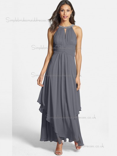 Online Beading Grey Chiffon Ankle Length Bridesmaid Dresses