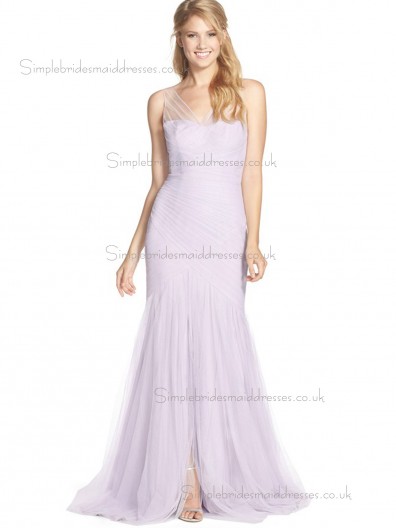 Vintage Pink Ruched Sweep Tulle Bridesmaid Dresses