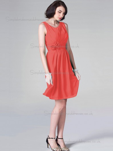 Gorgeous Watermelon Knee-length Chiffon Hand Made Flower Bridesmaid Dresses