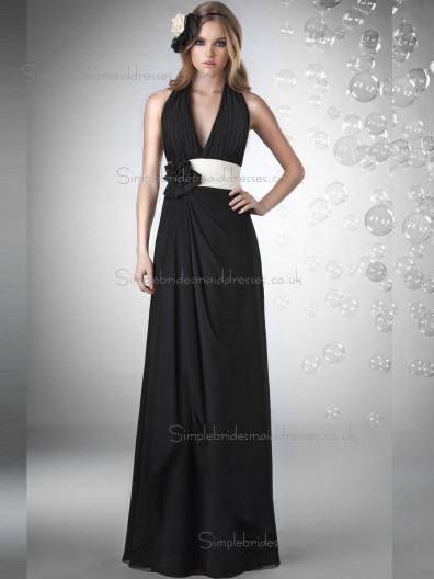 Fitted Amazing Floor-length Black Hand Made Flower Chiffon Bridesmaid Dresses
