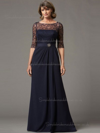 Budget Celebrity Chiffon Lace Dark Navy Floor-length Bridesmaid Dresses