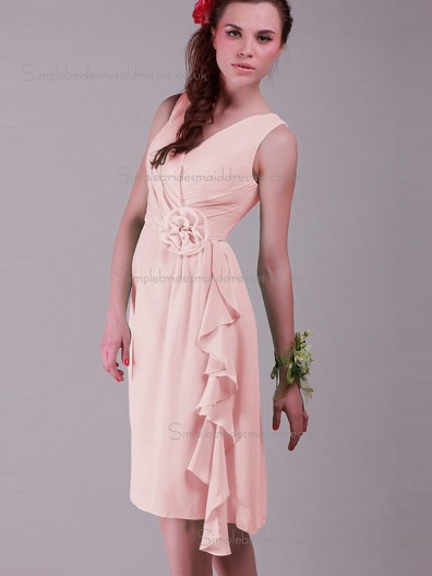 Budget Amazing Chiffon Short-length Hand Made Flower Pink Bridesmaid Dresses