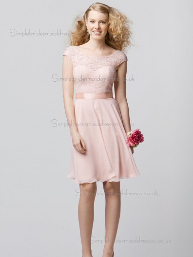 Cheap Stunning Short-length Lace Chiffon Belt Pink Bridesmaid Dresses