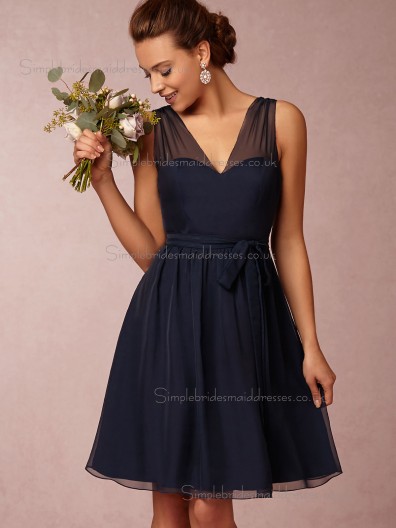 Budget Chiffon Dark Navy Short-length Belt Bridesmaid Dresses