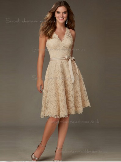 Budget Stunning Champagne Belt Short-length Lace Bridesmaid Dresses