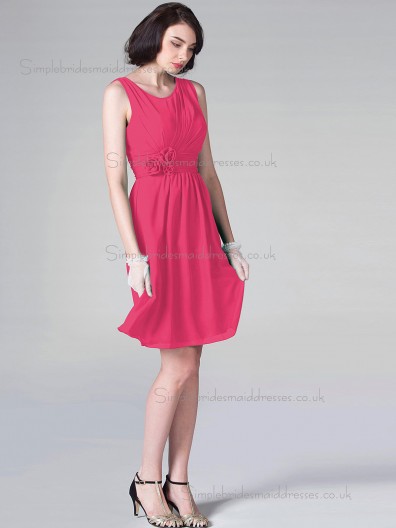 Budget Discount Short-length Hand Made Flower Hot Pink Chiffon Bridesmaid Dresses