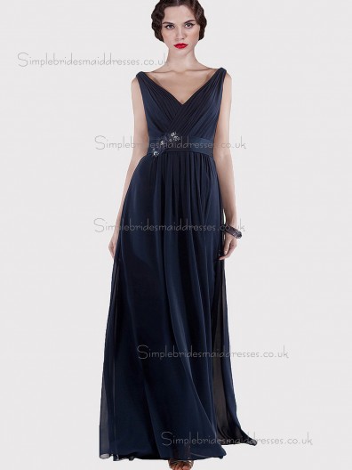 Budget Floor-length Dark Navy Chiffon Belt Bridesmaid Dresses