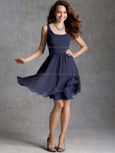 Fitted Short-length Dark Navy Chiffon Tiered Bridesmaid Dresses