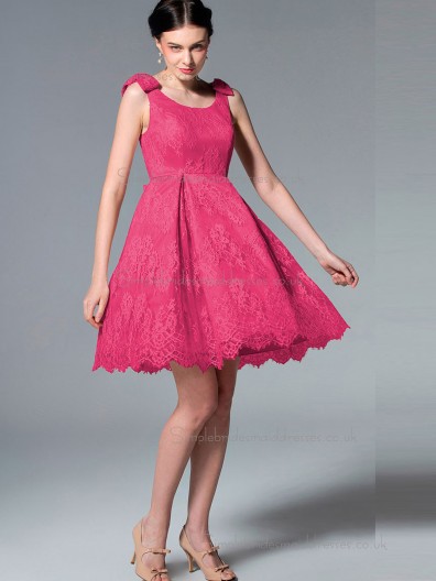 UK Lace Satin Short-length Hot Pink Bridesmaid Dresses
