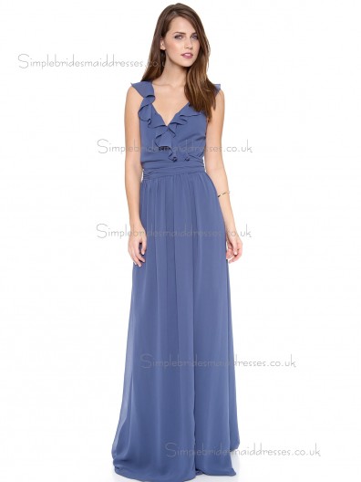 Fitted Discount Floor-length Chiffon Blue Bridesmaid Dresses