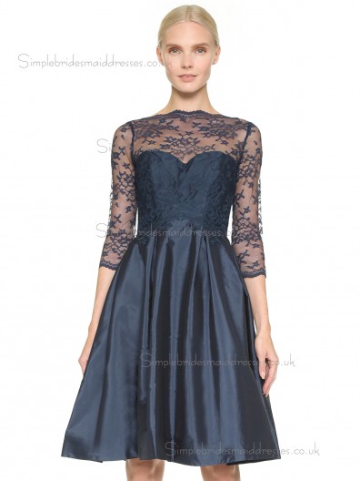 Vintage Dark Navy Short-length Taffeta Lace Bridesmaid Dresses