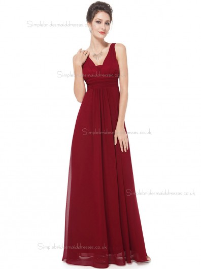 Beautiful Discount Burgundy Chiffon V-neck A-line Floor-length Ruffles Empire Bridesmaid Dress