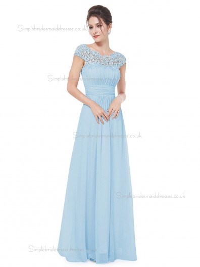 Cheap Discount Light Sky Blue Chiffon Bateau A-line Floor-length Lace Empire Bridesmaid Dress