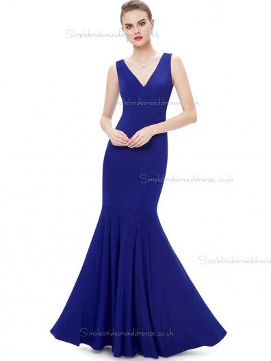 Vintage Amazing Royal Blue Satin V-neck Mermaid Floor-length Natural Bridesmaid Dress