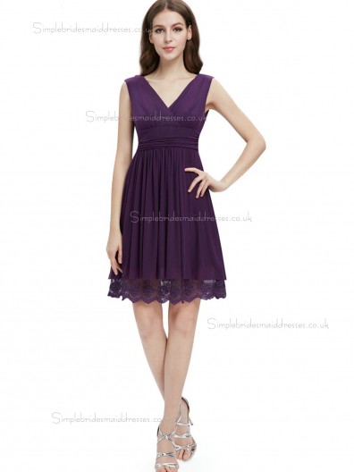 Budget Amazing Grape Chiffon V-neck A-line Knee-length Lace Empire Bridesmaid Dress